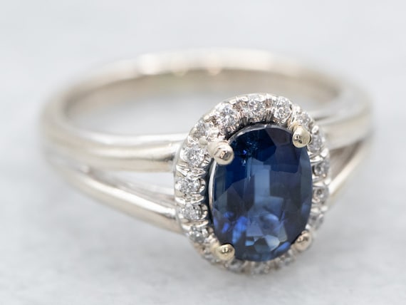 Sapphire Diamond Halo Ring, Engagement Ring, Anni… - image 1