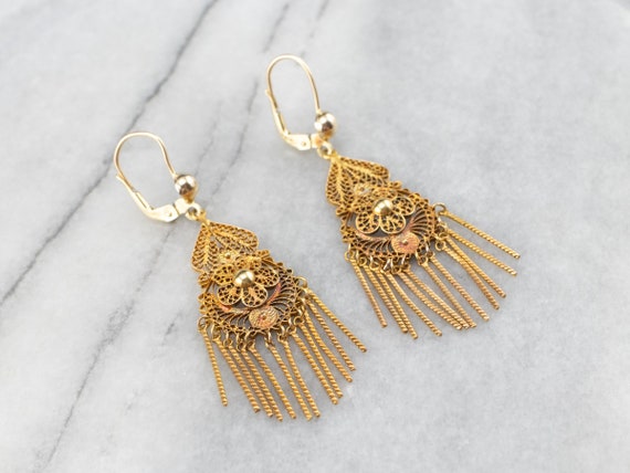 Vintage Yellow Gold Drop Earrings, Filigree Earrin