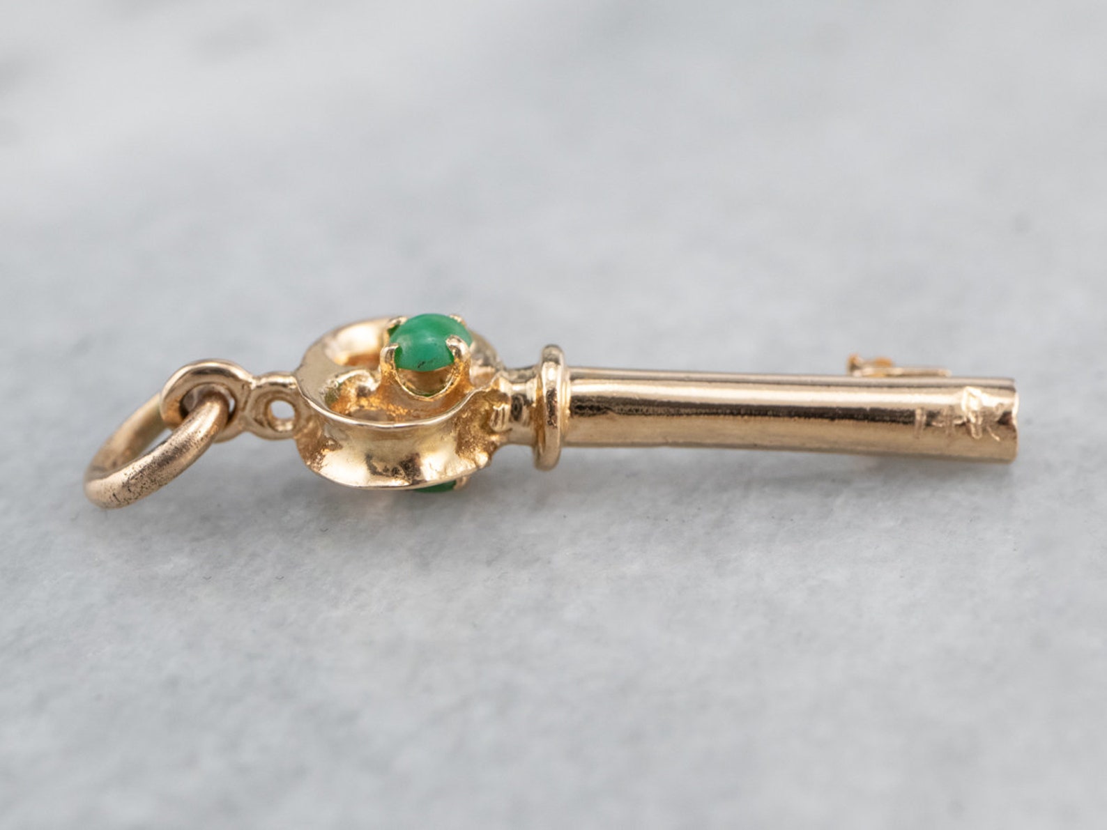 14K Gold Key Charm Green Glass Gem Key Charm Key Pendant Etsy