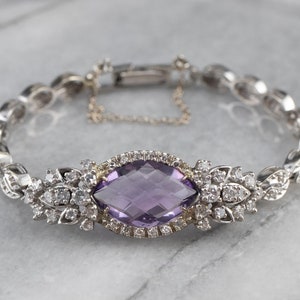 Retro Era Amethyst and Diamond Bracelet, White Gold Amethyst Bracelet, Layering Bracelet, Anniversary Gift, Amethyst Jewelry H5D9X5LM
