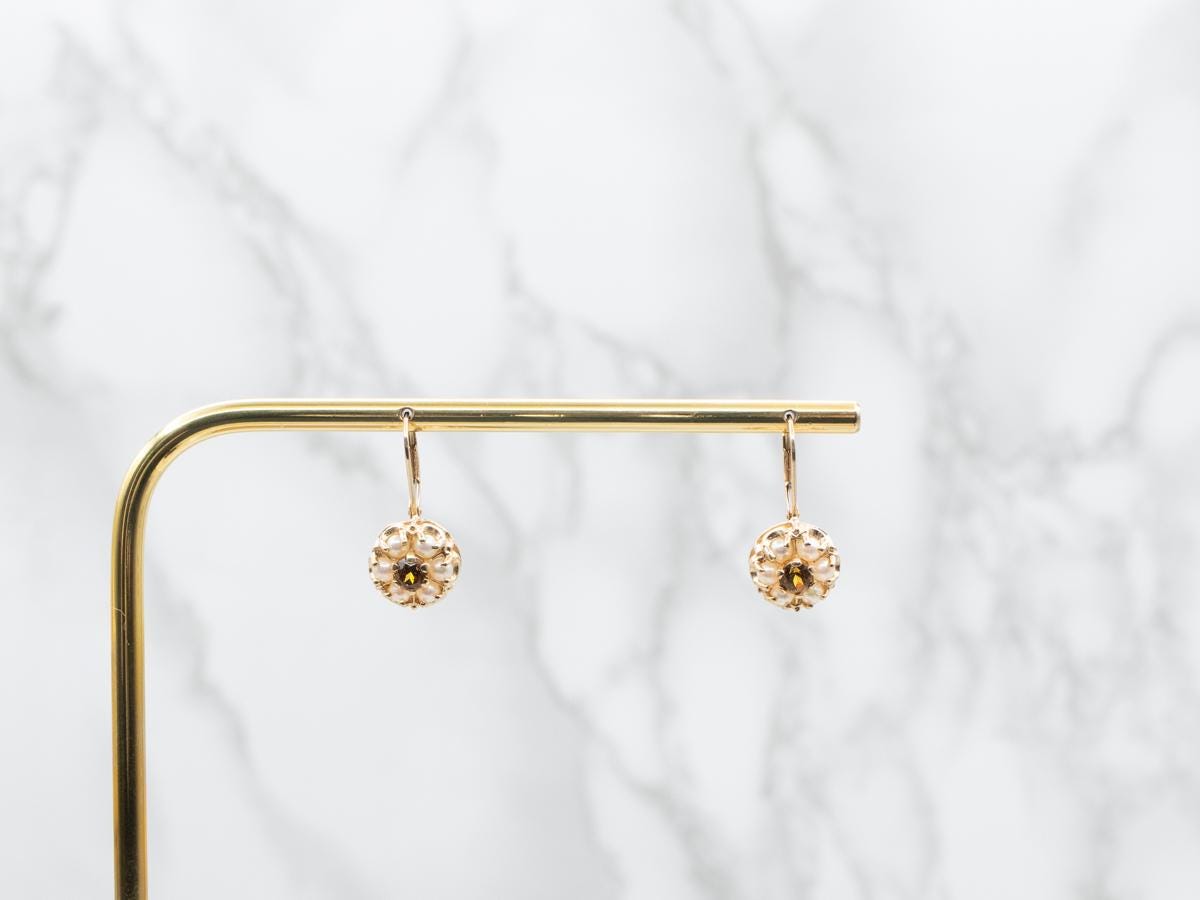 14Kイエローゴールド マリガーネット シードパール ハロー イヤリング