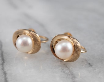 Pearl Screw Back Earrings, Pearl Gold Earrings, Non-Pierced Earrings, Vintage Pearl Earrings, Gift for Her, 58YZE2QN