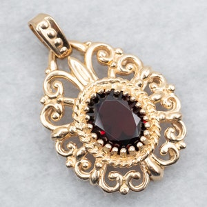 Yellow Gold Oval Cut Garnet Pendant with Scrolling Frame, Garnet Pendant, Oval Cut Garnet, January Birthstone, Yellow Gold Pendant A39958