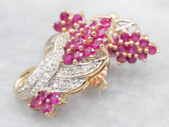 Vintage 10K Gold Ruby Diamond Earrings, Halo Dang… - image 3