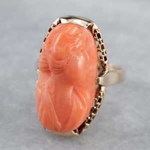Coral Cameo Rose Gold Ring, Statement Ring, Vintage Cameo Ring, Right Hand Ring, LAJ6FYZ9