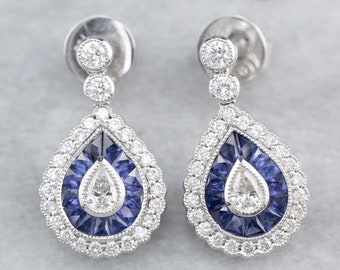 Diamond Sapphire Drop Earrings, Teardrop Earrings, White Gold Earrings, Bridal Earrings, Anniversary Gift, 9JR45PVZ