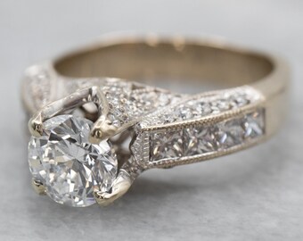 Round Brilliant Diamond Engagement Ring, 18K White Gold, SI Diamond Accents