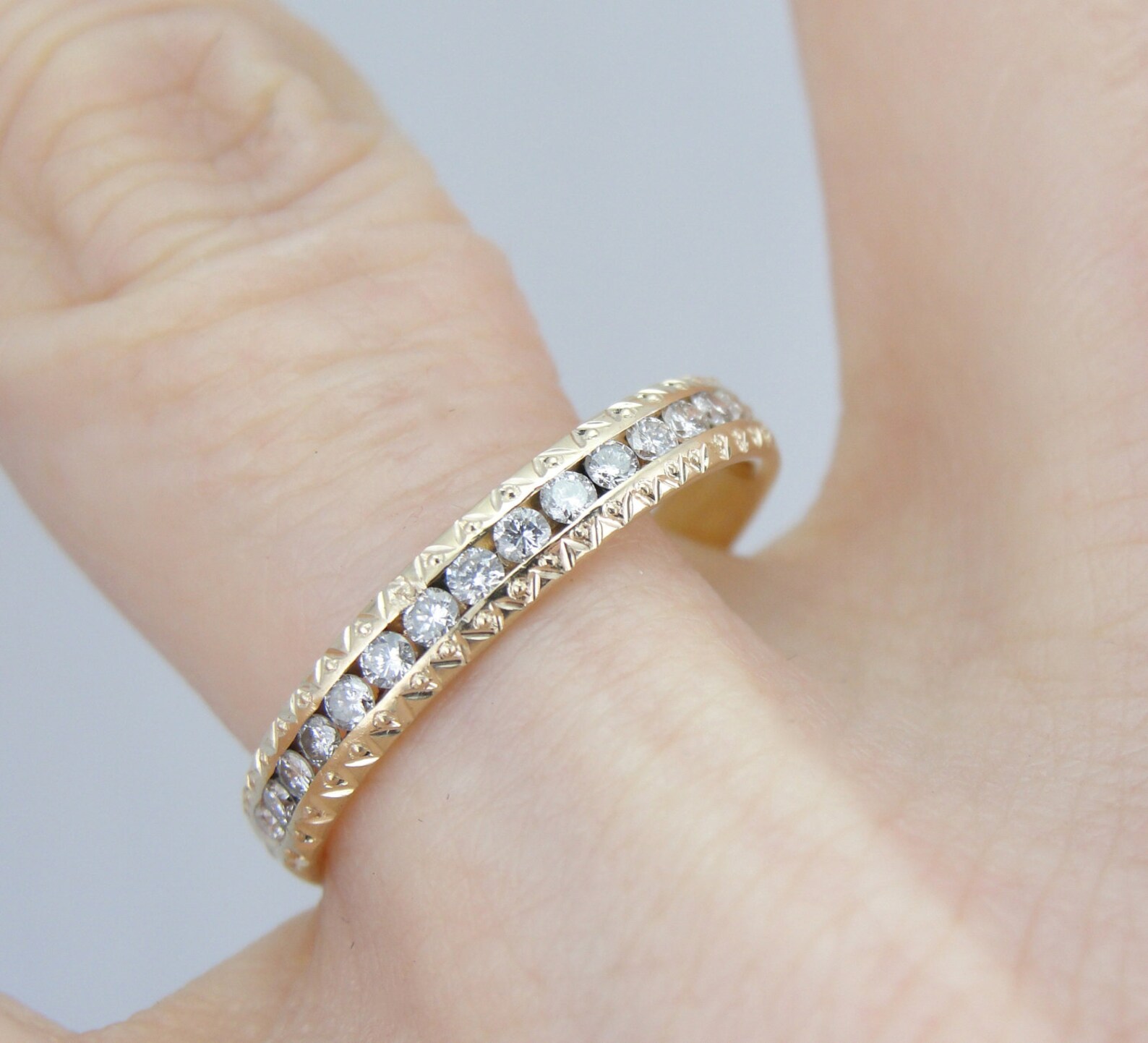 Hand Engraved Yellow Gold Channel Set Diamond Band 2ZPV5RD Etsy