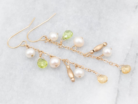 Yellow Gold Pearl Peridot and Citrine Drop Earring