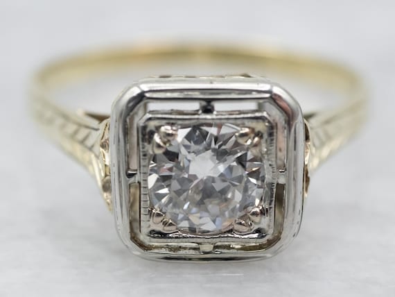 Antique Two Tone Gold Diamond Engagement Ring, Gr… - image 1