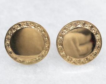 18K Yellow Gold Disc Stud Earrings, Floral Border