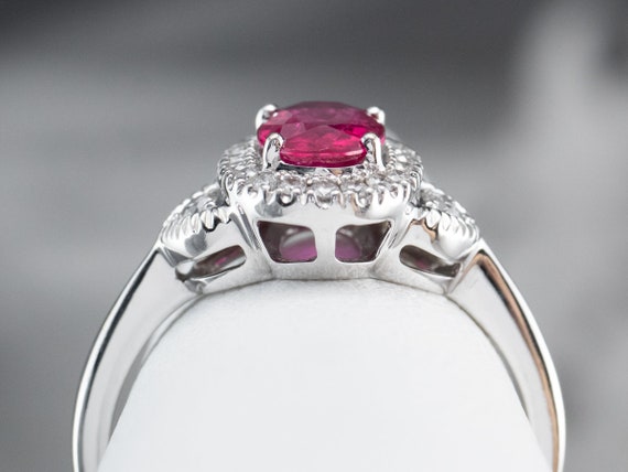 18K White Gold Ruby Diamond Halo Ring, Anniversar… - image 8