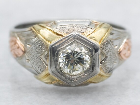 Early Retro Era Diamond Ring, Tri-Color Gold Diam… - image 2