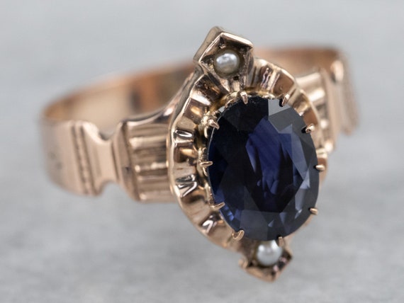 Victorian Sapphire and Seed Pearl Ring, Antique S… - image 1