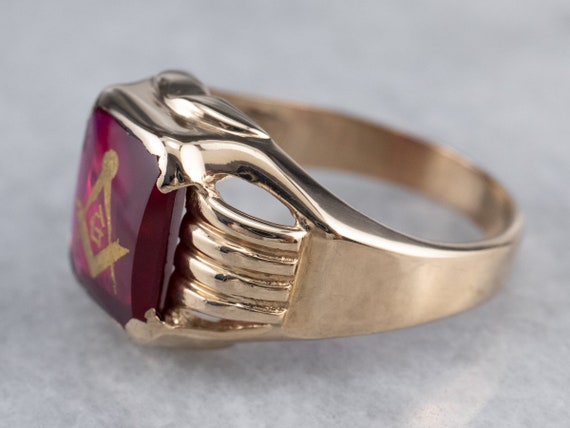 Vintage Masonic Statement Ring, Ruby Glass Ring, … - image 4