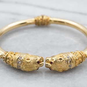 Bold Lion Gemstone Encrusted Gold Cuff Bracelet, Sapphire Ruby and Diamond Bracelet, 18K Yellow Gold Bracelet, Statement Bracelet A13018