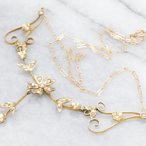 Antique Belle Époque Seed Pearl Floral Necklace, Art Nouveau Pearl and Gold Necklace, Antique Gold Necklace, Estate Jewelry A46823