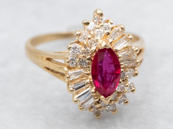 14K Yellow Gold Ruby and Diamond Halo Ring, Vinta… - image 2