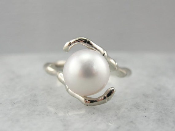 Vintage White Gold And Pearl Bypass Ring DTM7Y8-P - image 1