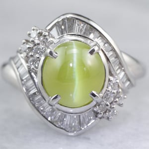 Cat&#39;s Eye Chrysoberyl Ring, Chrysoberyl Diamond Ring, Platinum Ring, Statement Ring, Right Hand Ring, Anniversary Ring, C3TXKCXV
