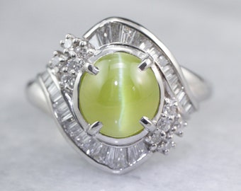 Platinum Cat's Eye Chrysoberyl Ring, Diamond Halo