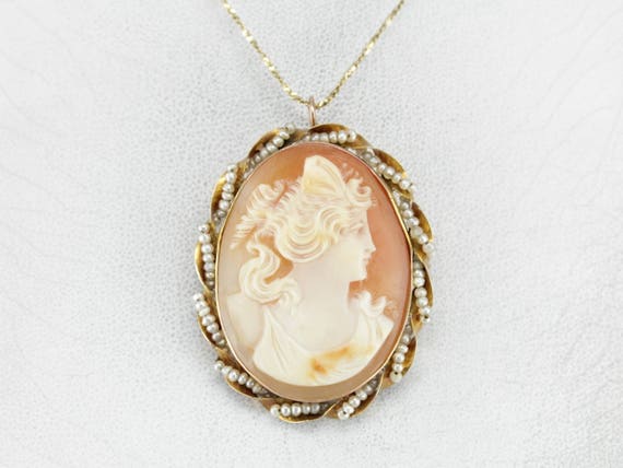 Vintage Cameo Brooch or Pendant With Seed Pearl Accents