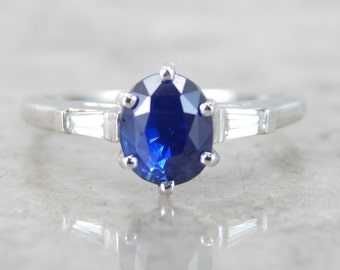 Ceylon Sapphire Diamond Platinum Engagement Ring, Baguette Accents