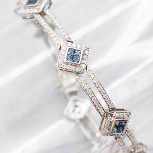 18K Gold Sapphire and Diamond Bracelet, White Gold Link Bracelet, Sapphire Anniversary, Layering Bracelet, Birthday Gift A57495