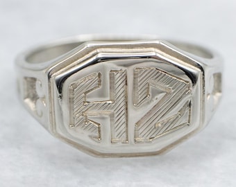 Antique Ostby Barton 14K White Gold Signet Ring, "HZ" Monogram