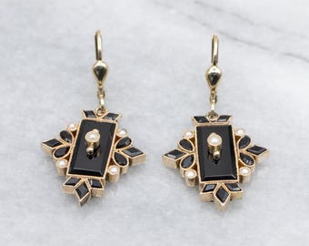 Gothic Black Onyx and Seed Pearl Drop Earrings