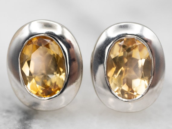 14K White Gold Citrine Stud Earrings, November Birthstone