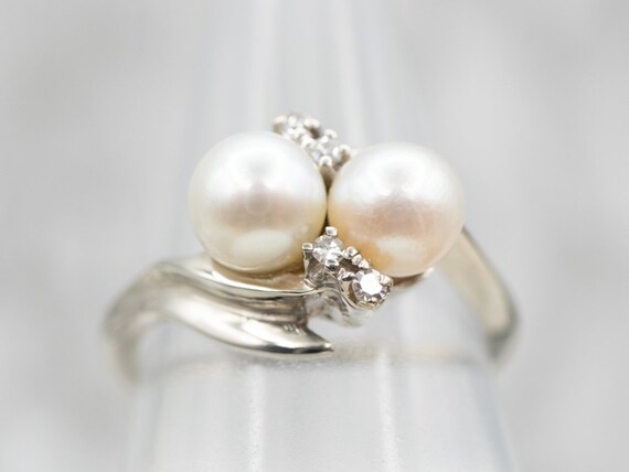 Vintage Double Pearl Bypass Ring, Pearl and Diamo… - image 5
