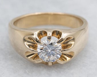 Unisex Belcher Set Diamond Yellow Gold Solitaire Ring