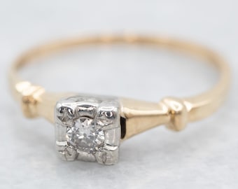 Vintage European Cut Diamond Engagement Ring, 14k Two Tone Gold