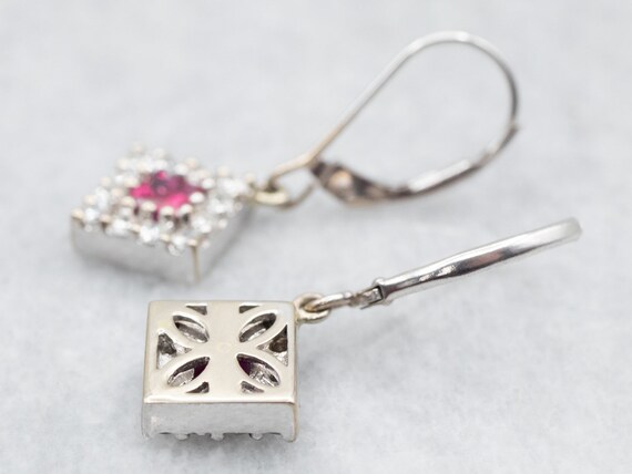 14K White Gold Ruby Halo Diamond Drop Earrings - image 3