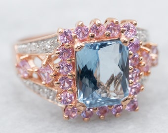 Aquamarine Pink Sapphire and Diamond Rose Gold Halo Ring, Statement Ring, Aquamarine Jewelry, Sapphire Anniversary, Modern Halo Ring A19286