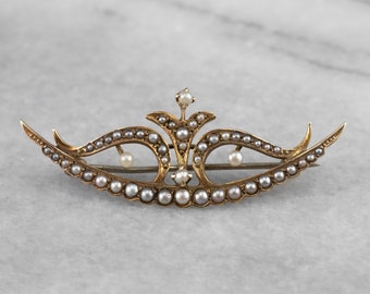 Spilla antica a forma di mezzaluna con perle in oro 14 carati, gioielli da sposa in stile Art Nouveau