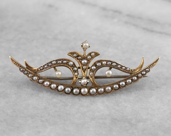 Antique Seed Pearl Crescent Moon Pin, Art Nouveau Gold Wings Brooch, Seed Pearl Jewelry, Bridal Jewelry, Estate Jewelry AVYH1W5Y