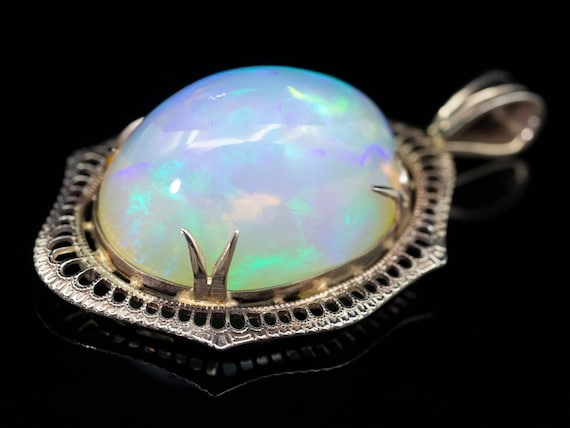 Art Deco Opal Pendant, Ethiopian Welo Opal Filigr… - image 1