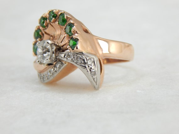 Retro 1940's Flair Rose Gold Diamonds and Green G… - image 3