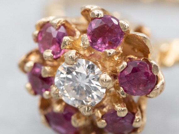 14K Yellow Gold Diamond Ruby Flower Ring, Halo De… - image 6
