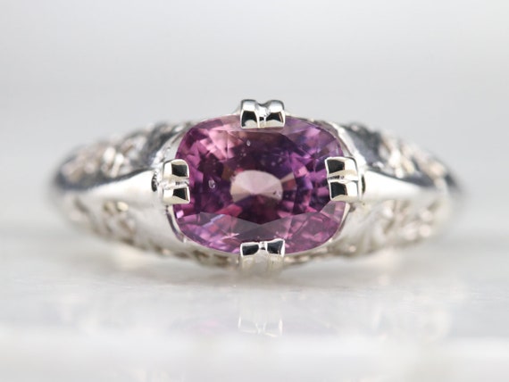 Art Deco Pink Ceylon Sapphire Solitaire Ring, Flo… - image 2