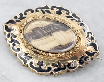 Victorian Mourning Brooch, 10K Gold Enamel Hair Pin, Antique Estate Jewelry
