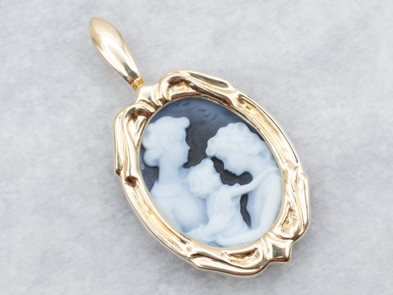 Beautiful Mother and Children Black and White Onyx Cameo in Fine