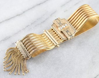 Victorian Seed Pearl Tassel Bracelet, Antique Gold Mesh Bracelet, Slide Style Bracelet, Anniversary Gift, Estate Jewelry D5U95ZFF