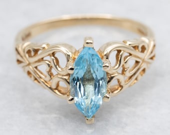 10K Yellow Gold Filigree Ring with Marquise Swiss Blue Topaz