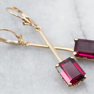 Gold Garnet Solitaire Drop Earrings, Emerald Cut Garnet Earrings, Yellow Gold Garnet Earrings, January Birthstone, Anniversary Gift, A25382