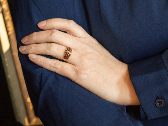 18K Gold Triple Ruby Row Ring, Diamond Accents, S… - image 4