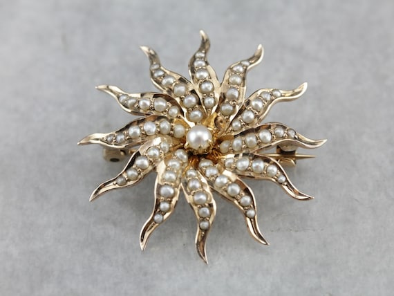 Antique Seed Pearl Starburst Brooch, Victorian Pe… - image 2