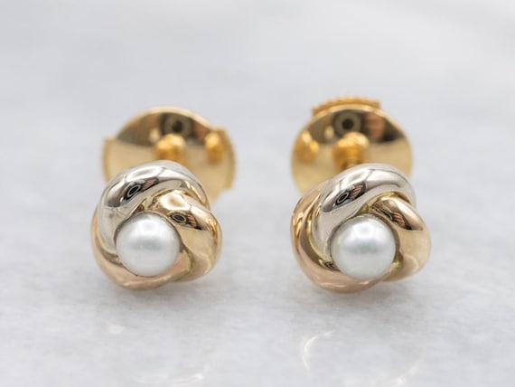 18K Gold Pearl Knot Stud Earrings, Bridal Jewelry